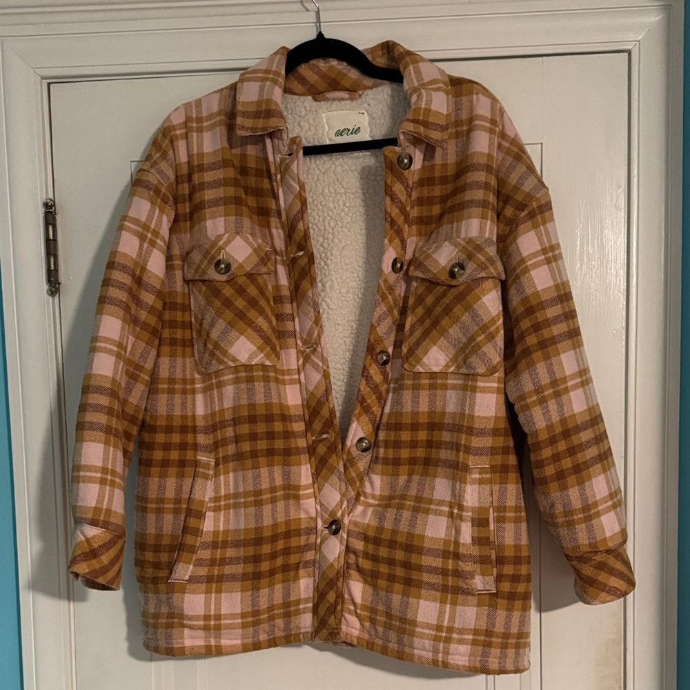 Aerie Plaid Oversized Sherpa Teddy Jacket - Brown and Pink
